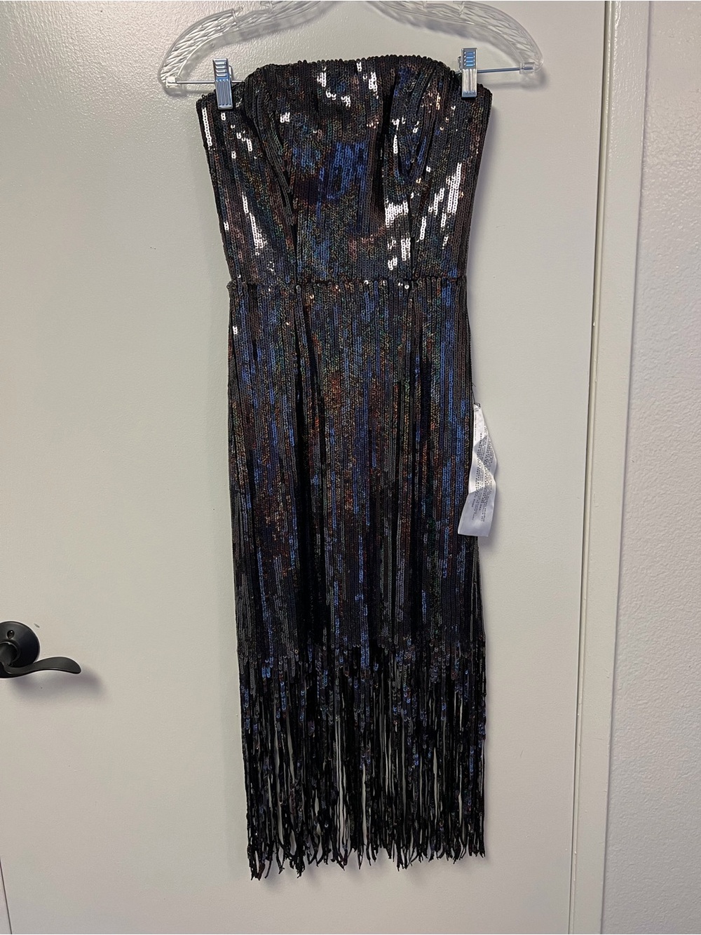 Strapless Black Sequin Fringe Evening Dress